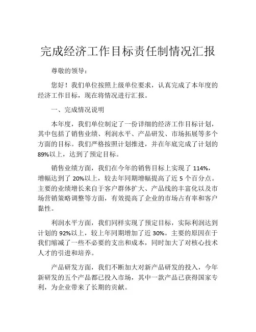 完成经济工作目标责任制情况汇报
