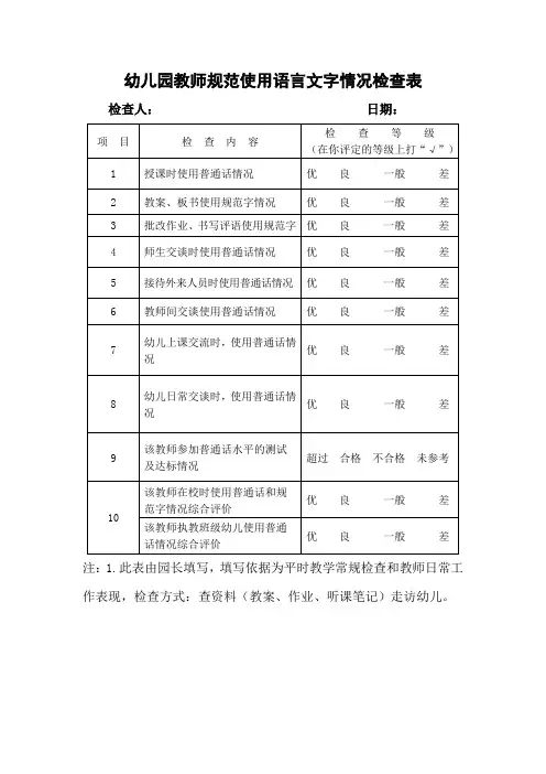 幼儿园教师规范使用语言文字情况检查表