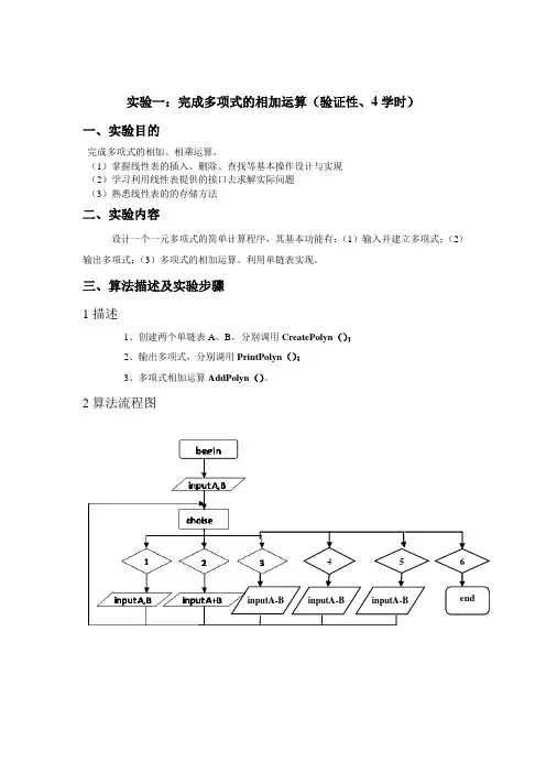 算法与数据结构实验报告实验一 完成多项式的相加运算