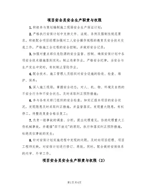 项目安全员安全生产职责与权限(3篇)