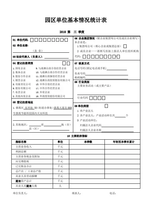 园区单位基本情况统计表