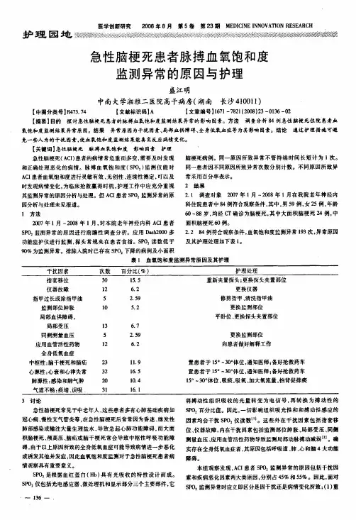 急性脑梗死患者脉搏血氧饱和度监测异常的原因与护理