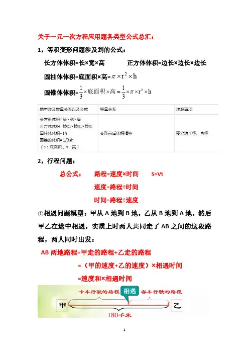 初一数学《一元一次方程》各类应用题公式概括与汇总