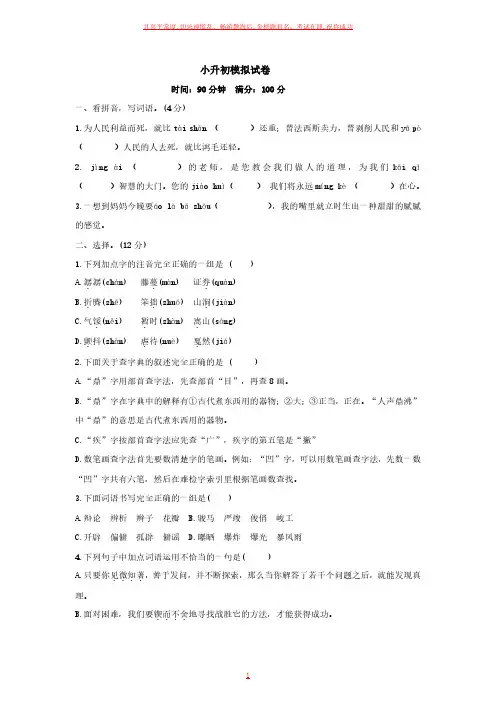 小升初语文模拟试卷 (含答案解析)