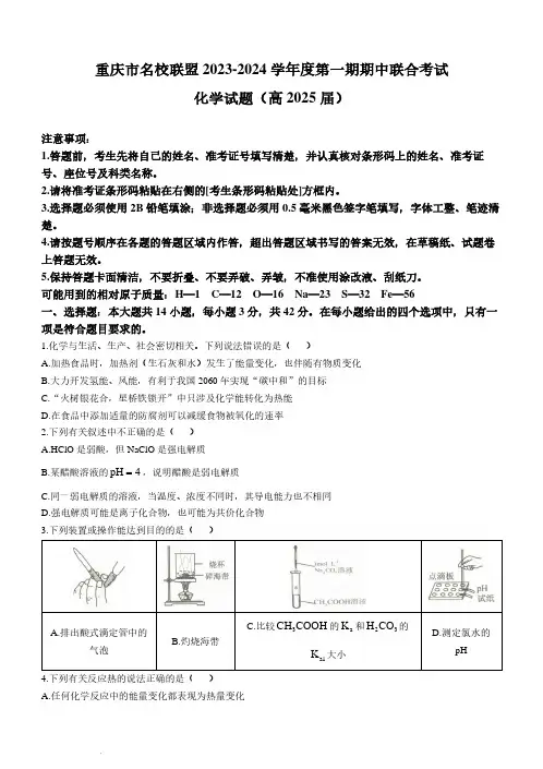 重庆市名校联盟联合考试2023-2024学年高二上学期10月期中考试化学试题(含答案)