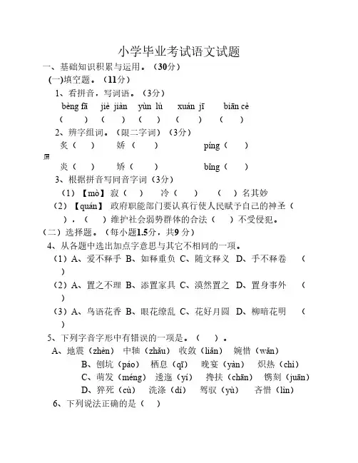 2017小学毕业考试语文试题(2)附    答案
