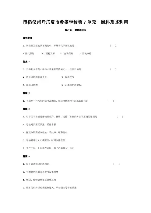 中考化学练习 燃烧和灭火 试题