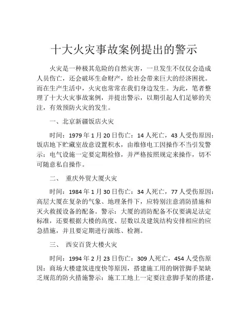 十大火灾事故案例提出的警示