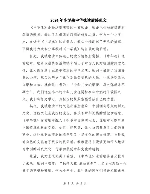 2024年小学生中华魂读后感范文