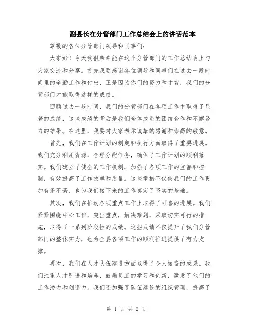 副县长在分管部门工作总结会上的讲话范本
