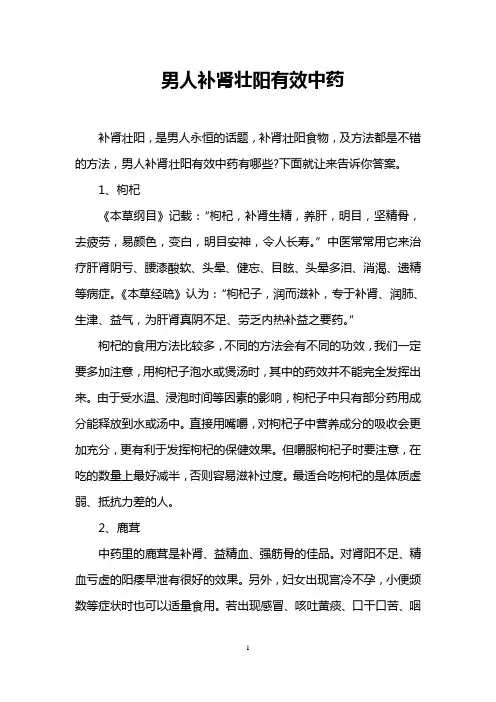 男人补肾壮阳有效中药