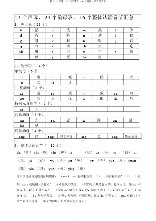 新23个声母、24个韵母表、16个整体认读音节汇总 