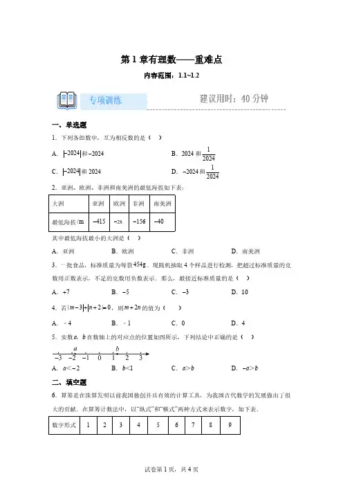 2024-2025学年七年级数学上册第1章有理数重难点专项训练[含答案]