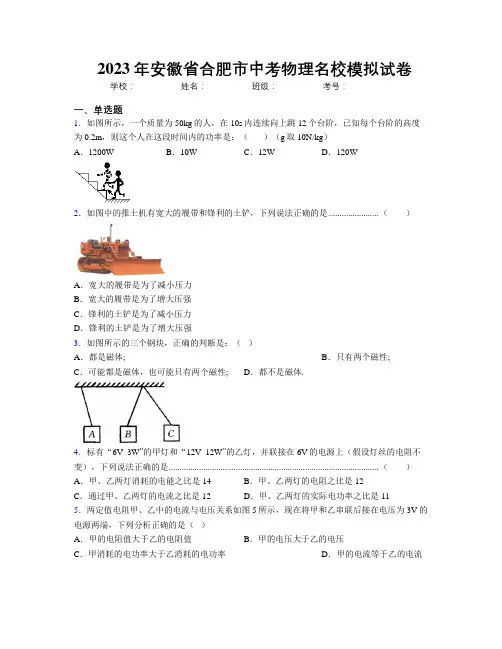 最新2023年安徽省合肥市中考物理名校模拟试卷及解析