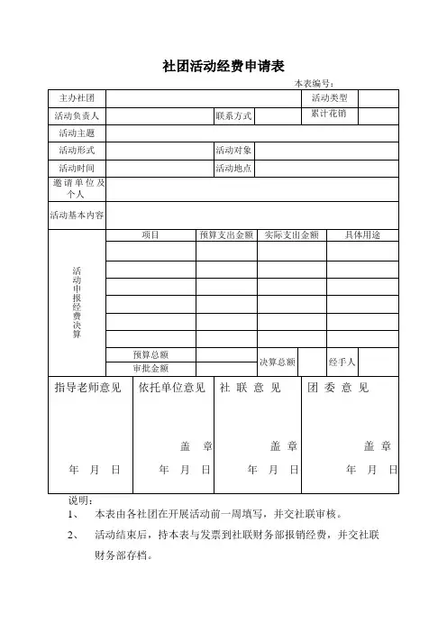社团活动经费申请表格