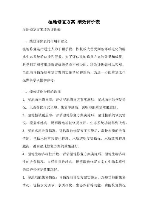 湿地修复方案 绩效评价表