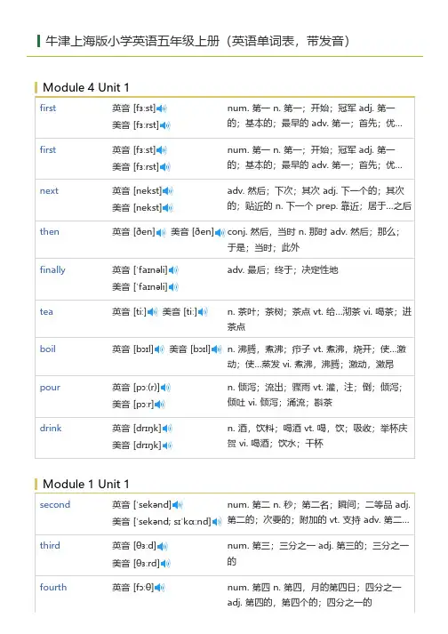 牛津上海版小学英语五年级上册(英语单词表)