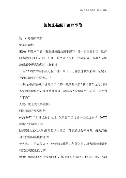 恩施副县级干部辞职信