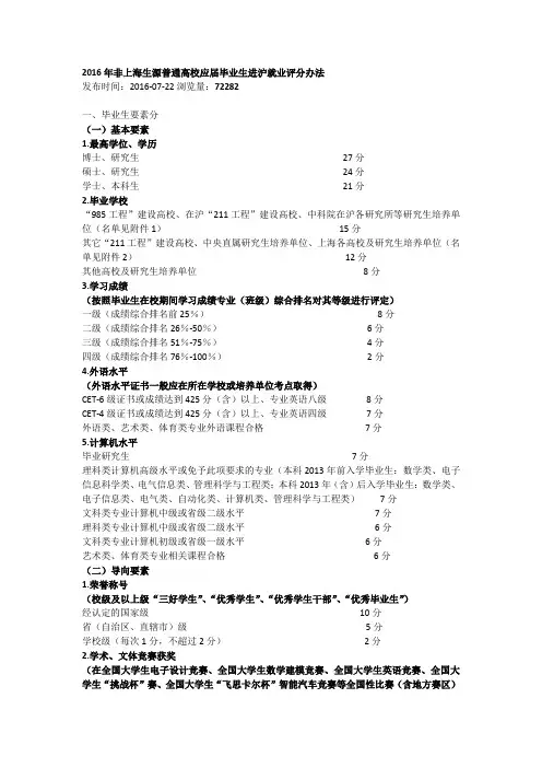 2016年非上海生源普通高校应届毕业生进沪就业评分办法