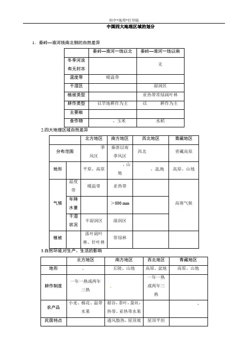 中图版-地理-七年级下册-七年级下地理导学案 中国四大地理区域的划分