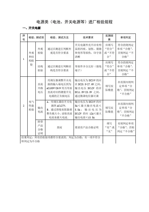 电源类(电池、开关电源等)进厂检验规程