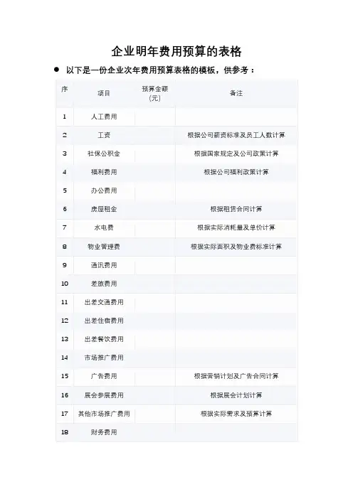 企业明年费用的预算表格