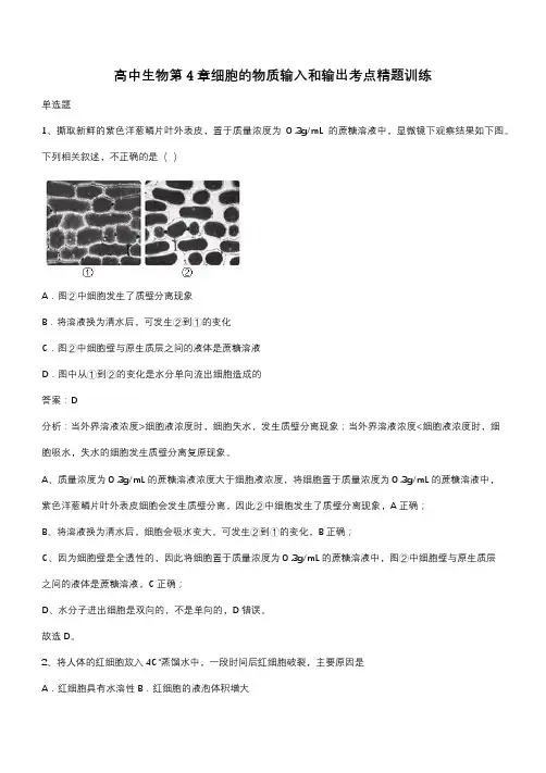 高中生物第4章细胞的物质输入和输出考点精题训练(带答案)