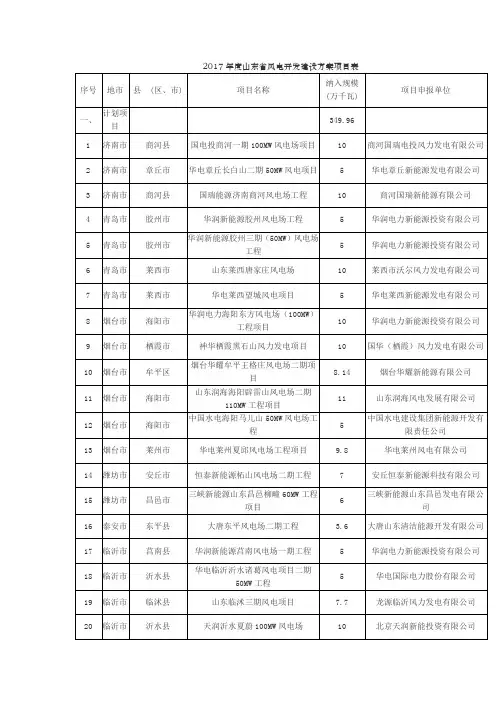 2017年度山东省风电开发建设方案项目表