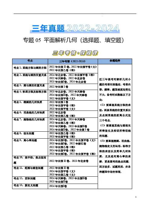 专题05 平面解析几何(选择题、填空题)-三年(2022–2024)高考数学真题分类汇编(原卷版)