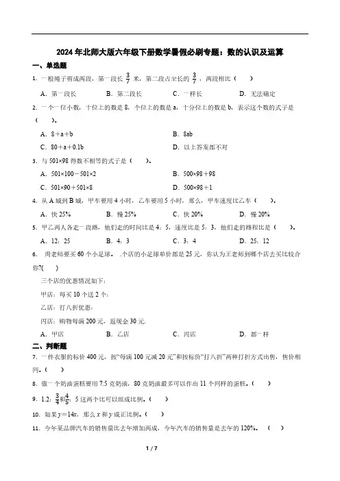 2024年北师大版六年级下册数学暑假必刷专题：数的认识及运算(含答案)