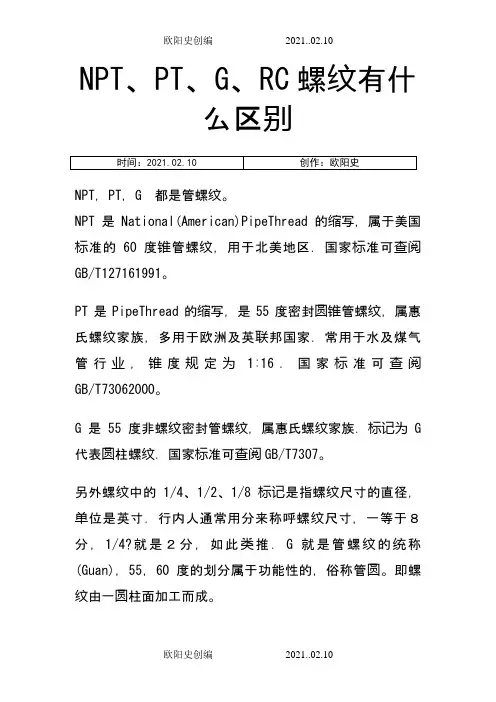 NPT、PT、G、RC螺纹有什么区别之欧阳史创编