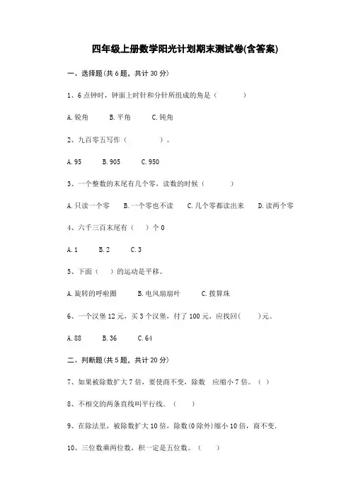 四年级上册数学阳光计划答案