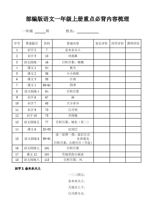 部编版一年级上册语文背诵内容