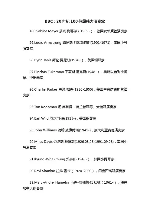 BBC：20世纪100位最伟大演奏家