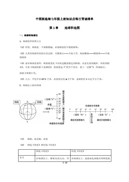 中图版地理七年级上册知识点复习清单(每日背诵)