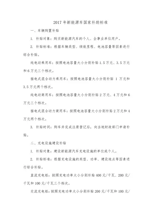 2017年新能源车国家补助标准
