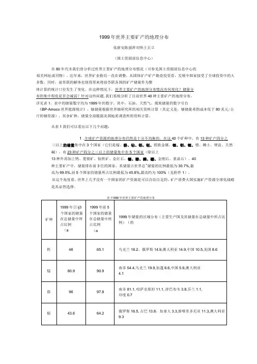 1999年世界主要矿产的地理分布