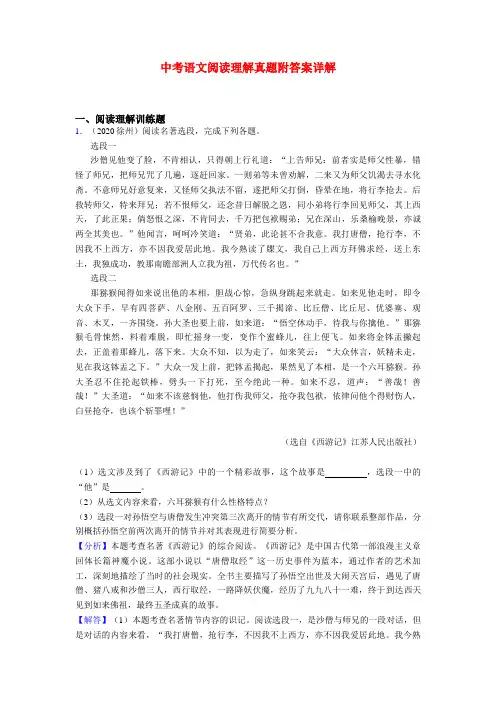 江苏中考现代文阅读真题练习题含答案【精选】共20篇