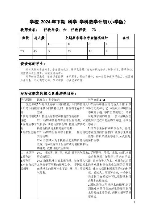 湘版小学科学六年级上册教学计划