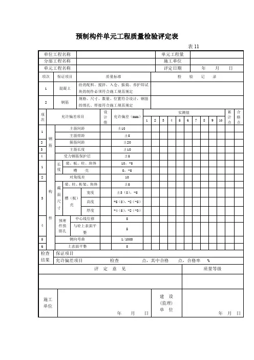 预制构件单元工程质量检验评定表