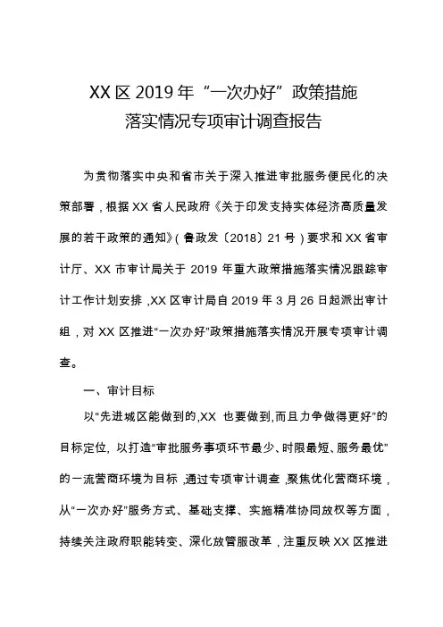 区2019年“一次办好”政策措施落实情况专项审计调查报告【模板】