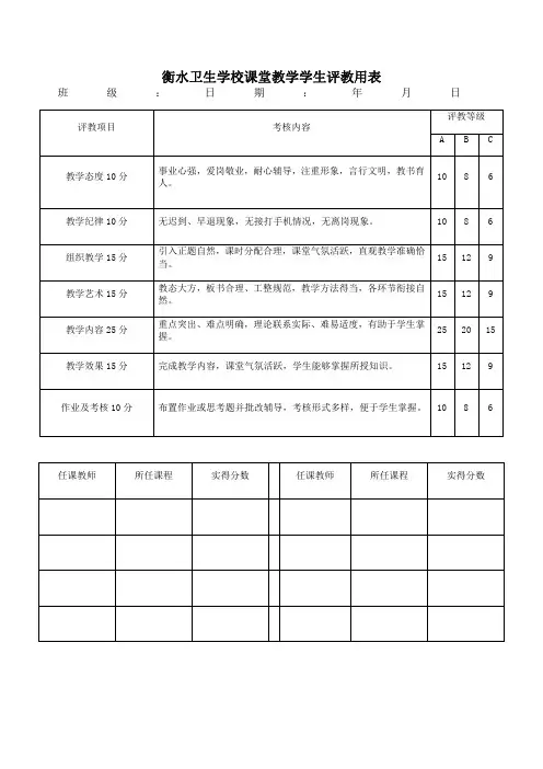 衡水卫生学校课堂教学学生评教用表