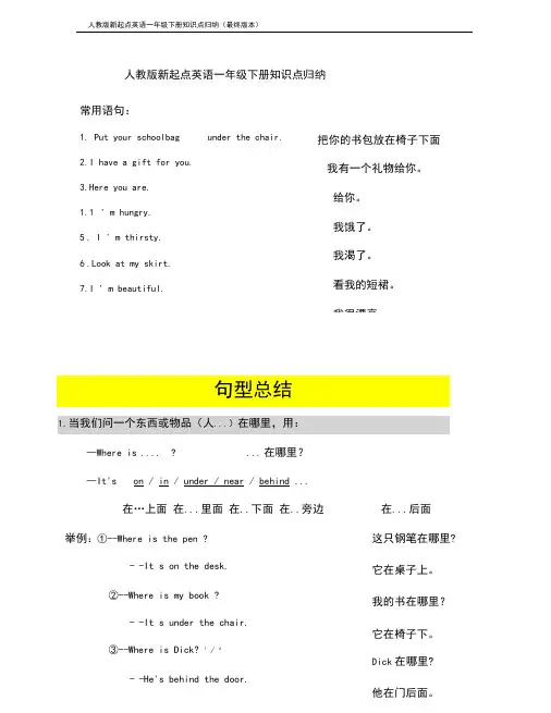 人教版新起点英语一年级下册知识点归纳(最终版本)