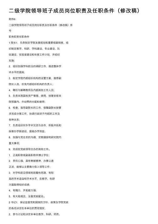二级学院领导班子成员岗位职责及任职条件（修改稿）