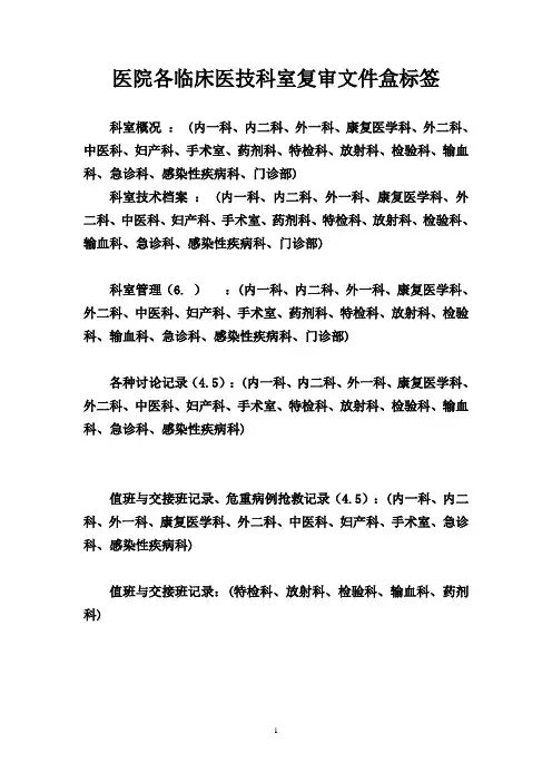 医院各临床医技科室复审文件盒标签