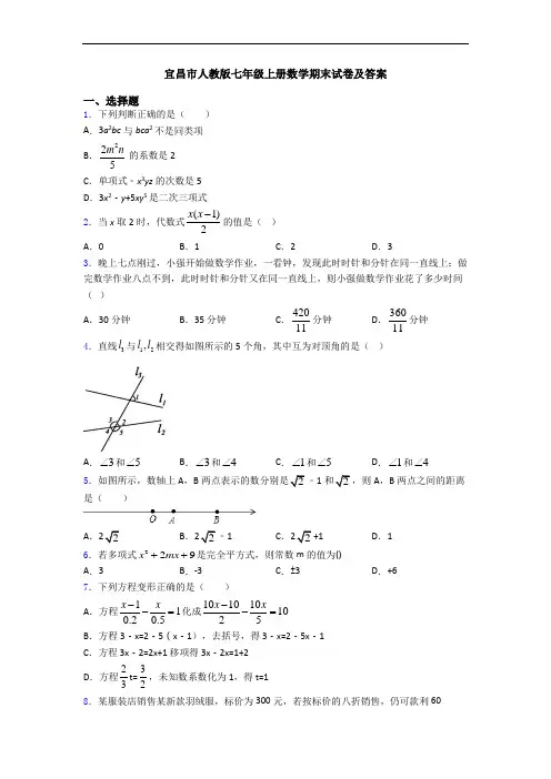 宜昌市人教版七年级上册数学期末试卷及答案