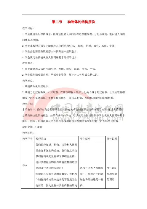 七年级生物上册 2.2.2《动物体的结构层次》教案2 (新版)新人教版