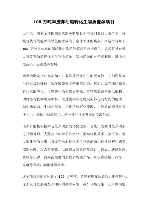 100万吨年废弃油脂转化生物质能源项目