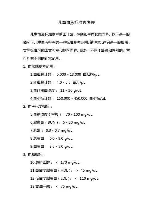 儿童血液标准参考表