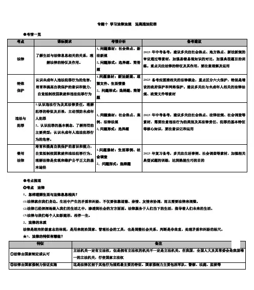 专题十：学习法律法规 远离违法犯罪(学案)